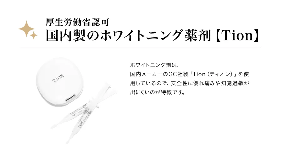 ホワイトニング剤は、国内メーカーのGC社製「Tion（ティオン）」を使用しているので、安全性に優れ痛みや知覚過敏が出にくいのが特徴です。